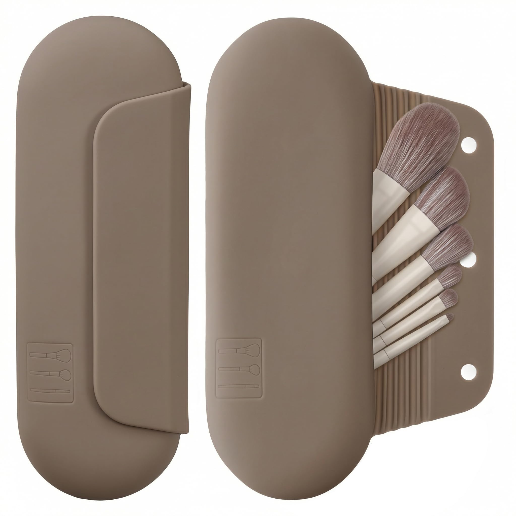 AGIKET Silicone Makeup Brush Holder Travel Cosmetic Bag：Soft Portable Cosmetic Face Brushes Holder with Upgrade Anti-Fall Out Magnetic Closure, Large Travel Makeup Brush Case - Walnut
