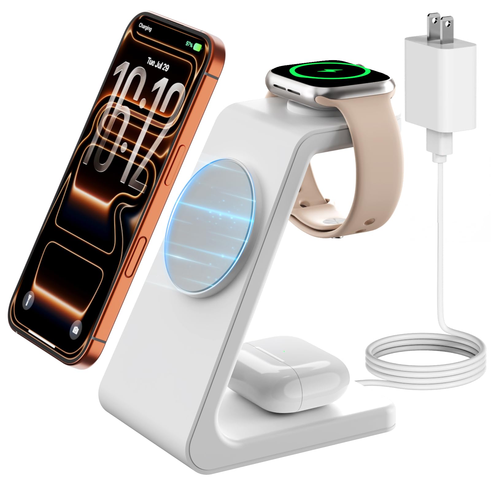 GEEKERA 3 in 1 Wireless Charging Station, Foldable Wireless Charger Stand for Multiple Apple Devices for iPhone 17 16-8, Apple Watch Ultra//11/10/9/SE/8/7/6/5, AirPods Pro/4/3/2