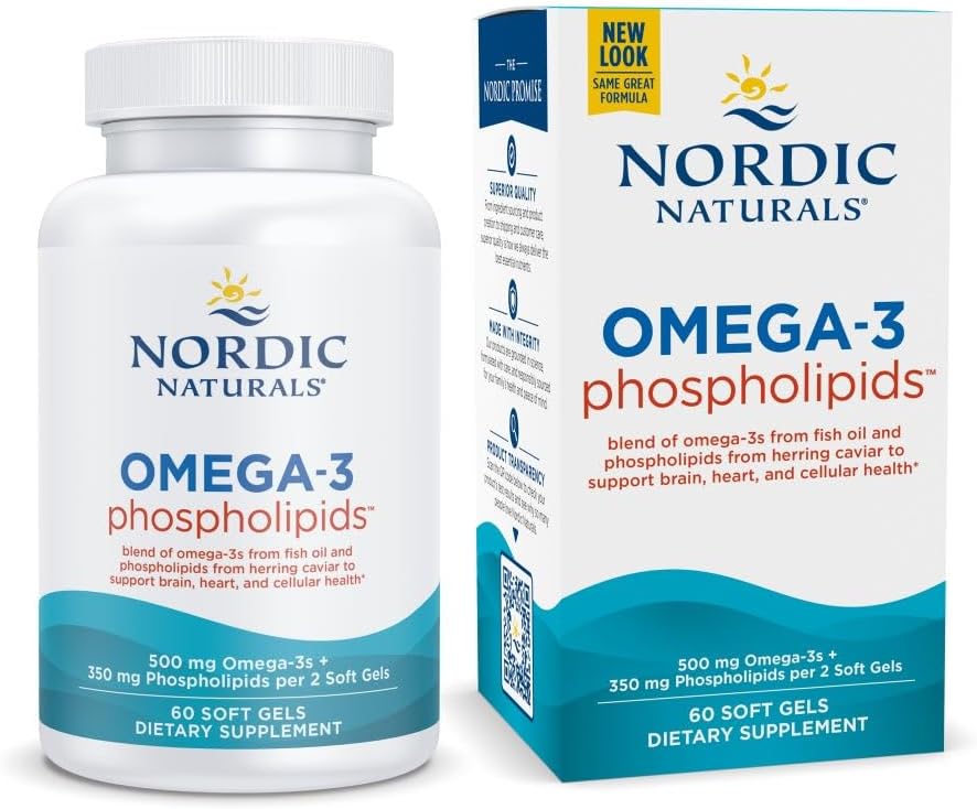Nordic Naturals Omega-3 Phospholipids, Unflavored - 60 Soft Gels - 500 mg Omega-3 & 350 mg Phospholipids - Heart & Brain Health - Small, Easy-to-Swallow Soft Gels - Non-GMO - 30 Servings