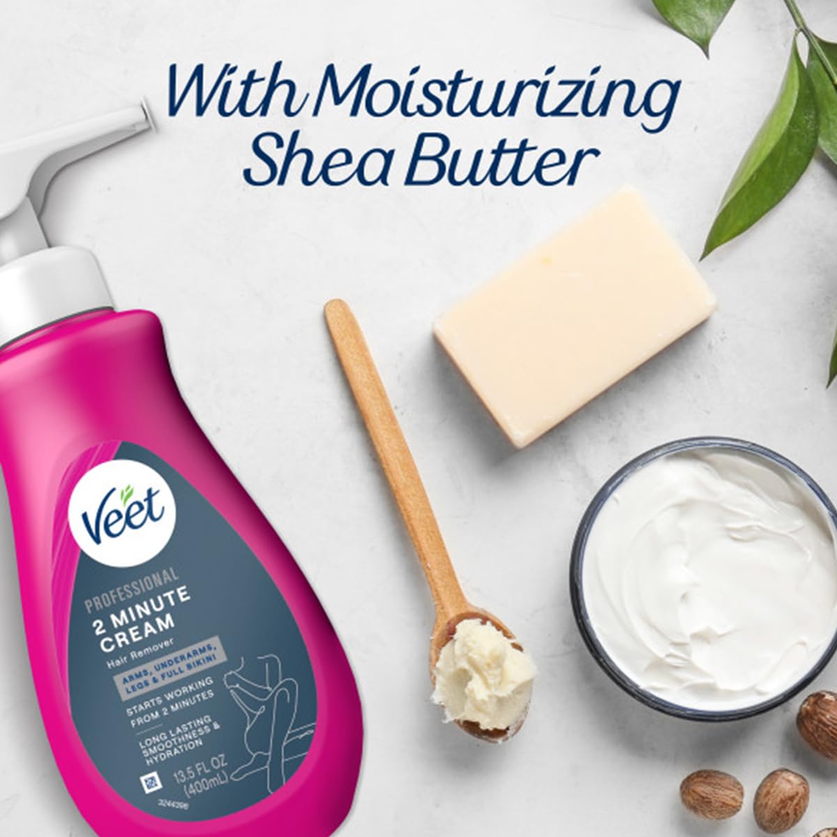 VEET Professional 2 Minute Cream for All Skin Types with Shea Butter, Effective Full Bikini & Pubic Hair Removal, Dermatologically Tested, 13.5 FL OZ Bottle w/Spatula