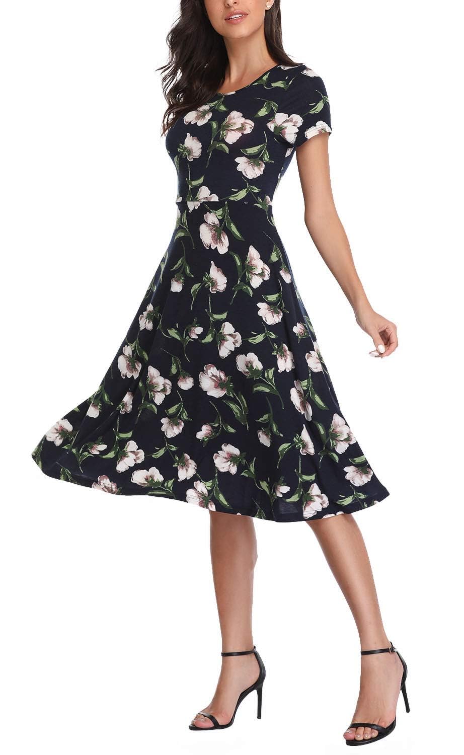 Urban CoCo Women's Vintage Short Sleeve High Waist Flared Midi Casual Summer Dress