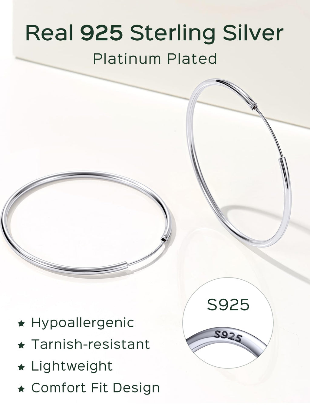 ChicSilver 925 Sterling Silver Hoop Earrings for Women Hypoallergenic, Lightweight Large Gold Plated Silver Hoop Earrings, Endless Hoops Earring 20/30/40/50/60/70MM