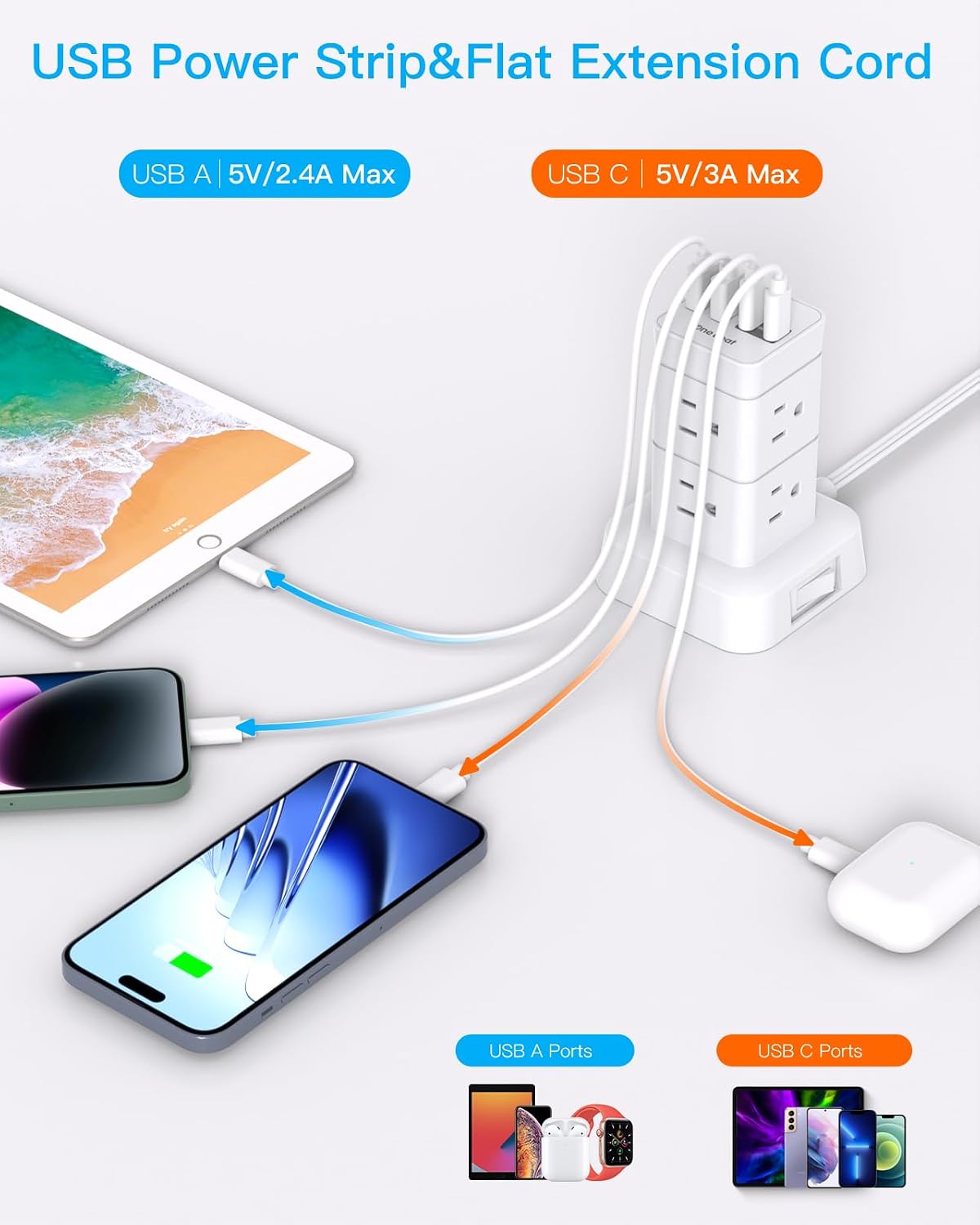 One Beat Tower Surge Protector Power Strip 10 ft,Long Flat Extension Cord with Multiple Outlets,8 AC Outlets with 4 USB Ports,Desktop Charging Station for Multiple Devices,for Home Office College Dorm