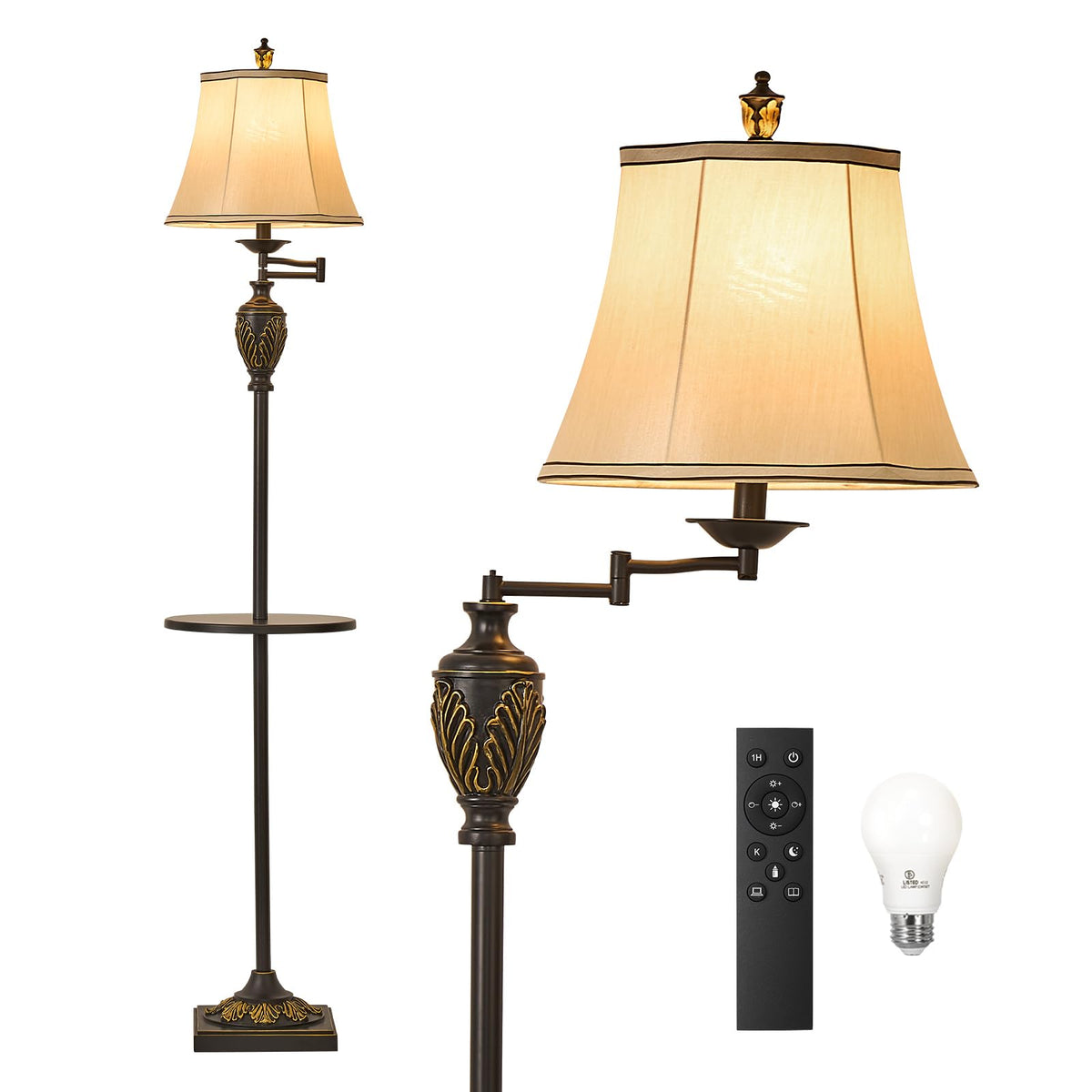 Traditional LED Floor Lamp with 350° Adjustable Swing Arm Lamp – Vintage Standing Pole lamp for Living Room, Bedroom and Office – Rustic Upright Floor Light for Home Décor with Silk Fabric Shade