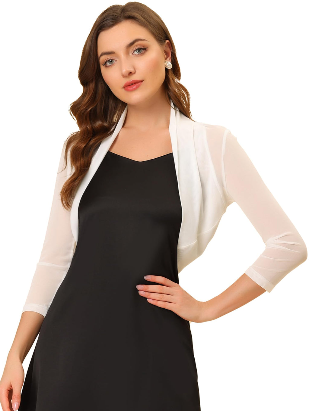 Allegra K Women's 3/4 Sleeve Sheer Mesh Shrug Open Front Cropped Bolero Cardigan