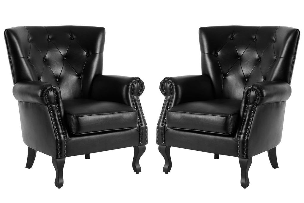 MOJAY PU Leather Accent Chair, Mid-Century Modern Armchair Living Room Club Chair with Tufted Button & Rivet Trim, Upholstered Sofa Chair with Sturdy Wood Legs for Bedroom (Black)