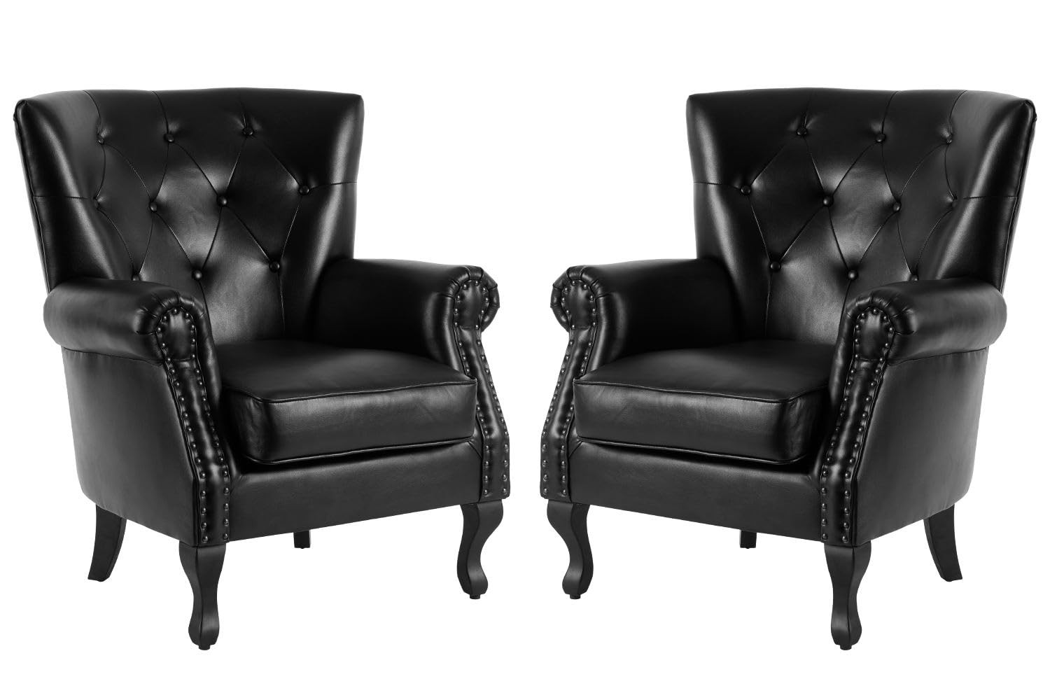 MOJAY PU Leather Accent Chair, Mid-Century Modern Armchair Living Room Club Chair with Tufted Button & Rivet Trim, Upholstered Sofa Chair with Sturdy Wood Legs for Bedroom (Black)