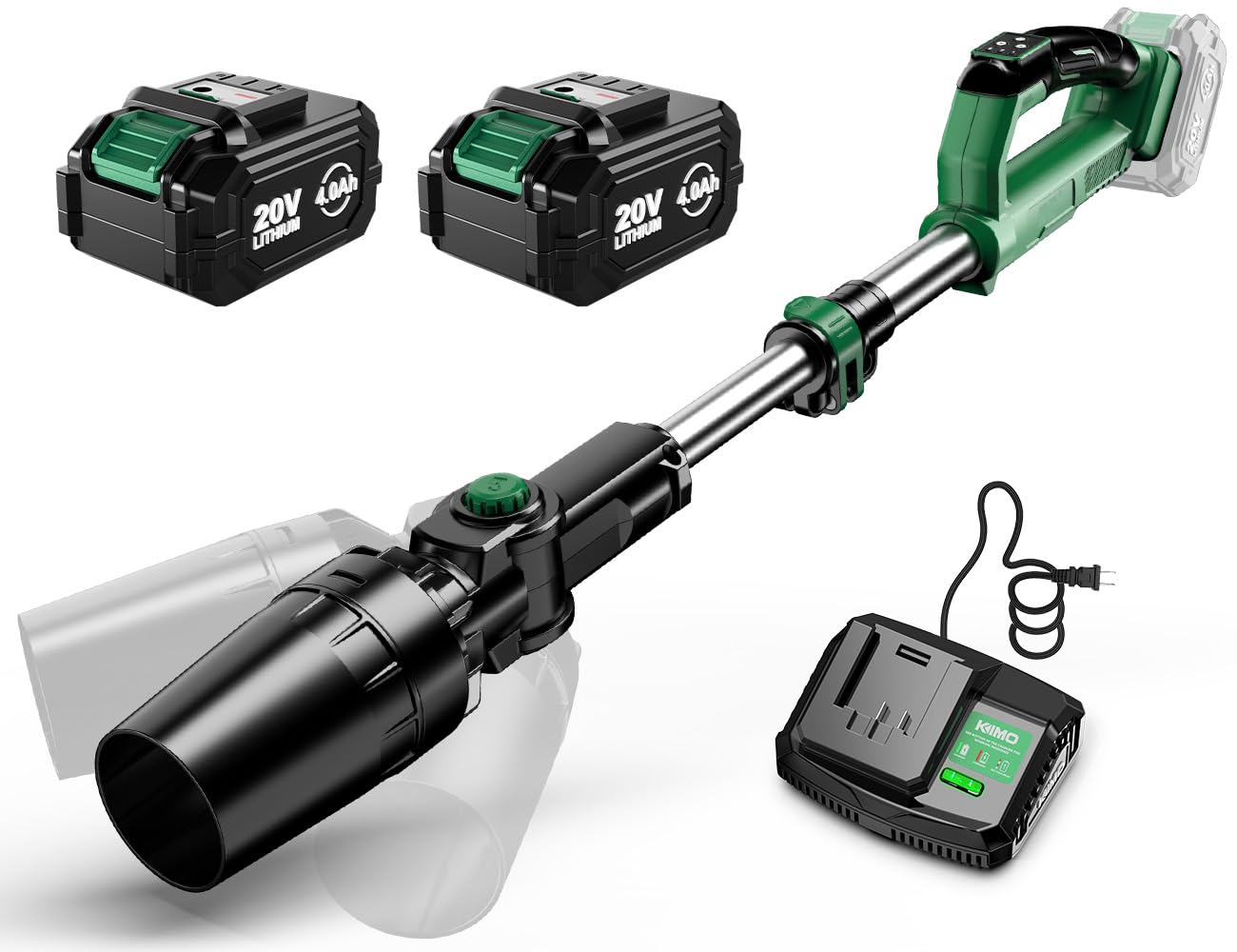 KIMO Leaf Blower Cordless with Battery and Charger, 540CFM/220MPH, Precision Adjustment Handle, 3Speeds w/ Visual Panel, Lightweight, 2 Extended Tube, 2* 2.0 Battery Powered Leaf Blowers for Lawn Care