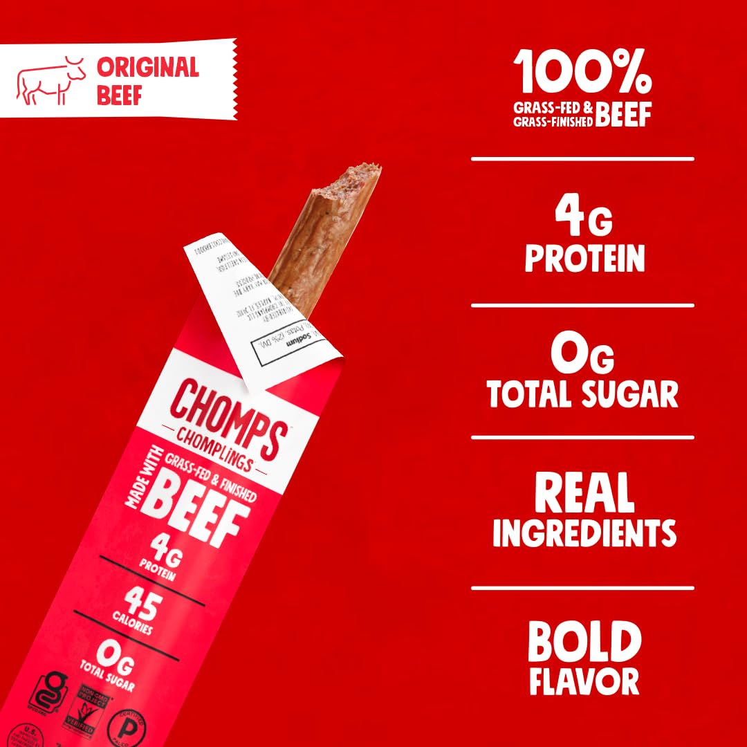 Chomps Snack Size Grass-Fed and Finished Jalapeño Beef Jerky Snack Sticks 0.5oz 24-Pack - Keto, Paleo, Whole30, 4g Lean Meat Protein, Gluten-Free, Zero Sugar Food, Non-GMO Chomplings