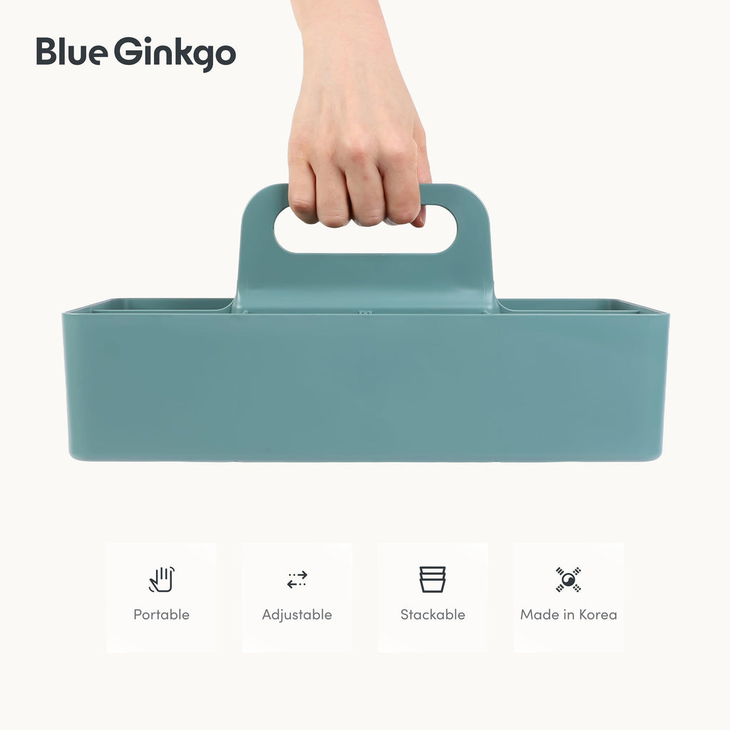 BLUE GINKGO Stackable Organizer Caddy – Korean-Made Portable Tote for Bathroom, Office, Crafts, or School Supplies (Long Rectangle, Blue)