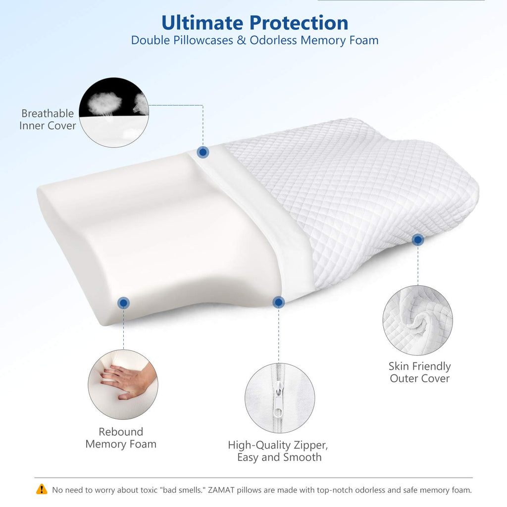 ZAMAT Memory Foam Pillow for Neck Pain Relief, Adjustable Ergonomic Cervical Pillow for Sleeping, Orthopedic Neck Pillow with Washable Cover, Bed Pillows for Side, Back, Stomach Sleepers