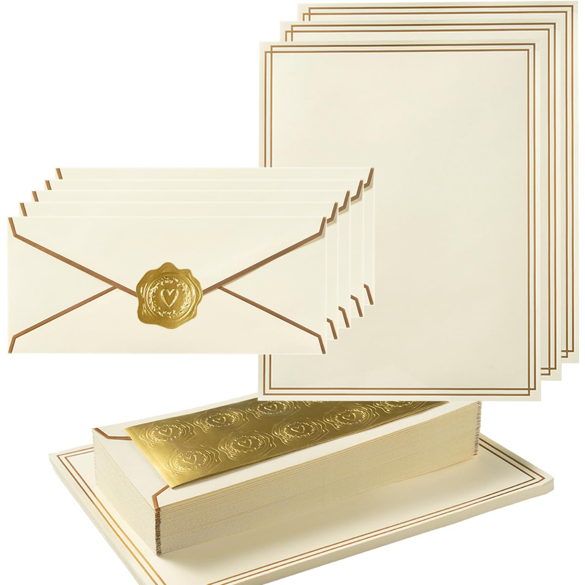 50 Pack Stationery Set with Envelopes, Cream Color, 8.5x11 Inches | Gold Border, #10 Business Envelopes and 8.5x11 Paper Sheets, Stickers for Letter Writing, Invitations
