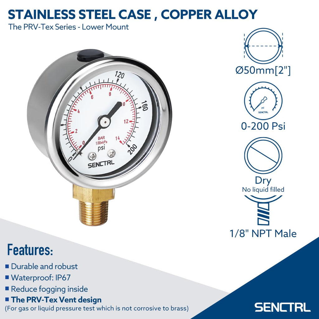 SENCTRL 30inHg Vacuum Pressure Gauge, 2" Dial, 1/8 NPT Lower Mount, Waterproof, Stainless Steel Case, for Tube Tester, HVAC, Pneumatic Air Compressor, Hand Pump, Valve Test