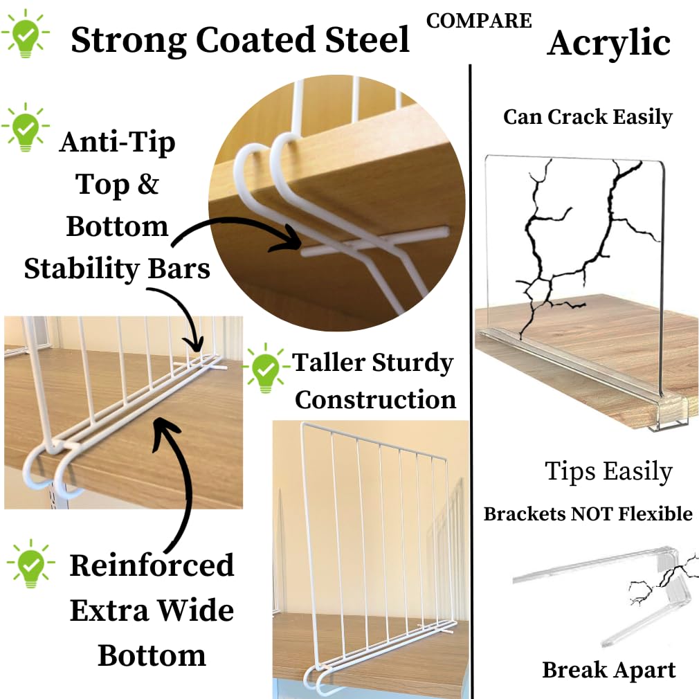 Evelots Wire Shelf Dividers - Extra Closet Organization and Storage for Home or Office -4 Pack- New Removable Hooks - Tall Shelf Separators - Easy to Clip -No Tool- Sturdy Coated Steel - 12 Inch Tall