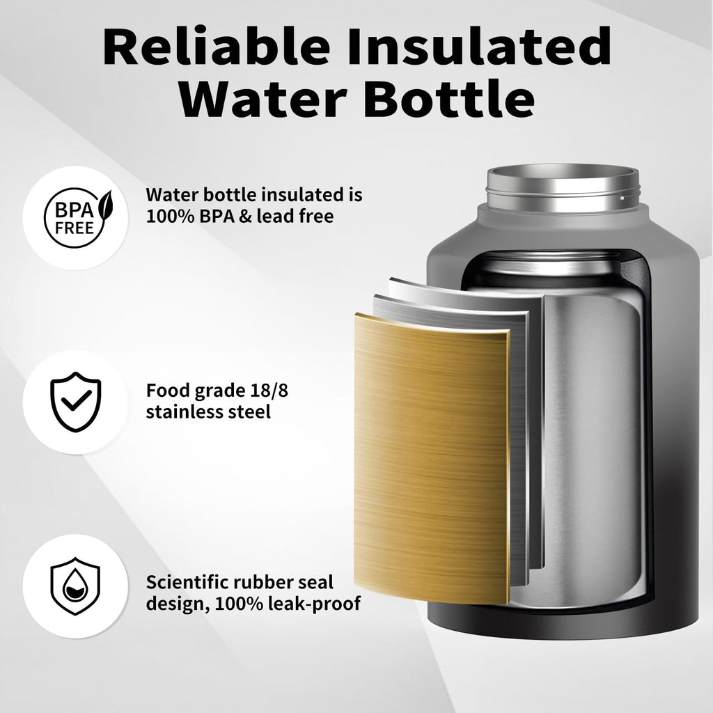 WATERSY Half Gallon Water Bottle Insulated(Cold for 48 Hrs),BPA Free&Leak Proof,64oz Stainless Steel Water Jug/Flask,Big thermo,Large Water Bottle with Handle for Gym,Hiking,Camping,Black