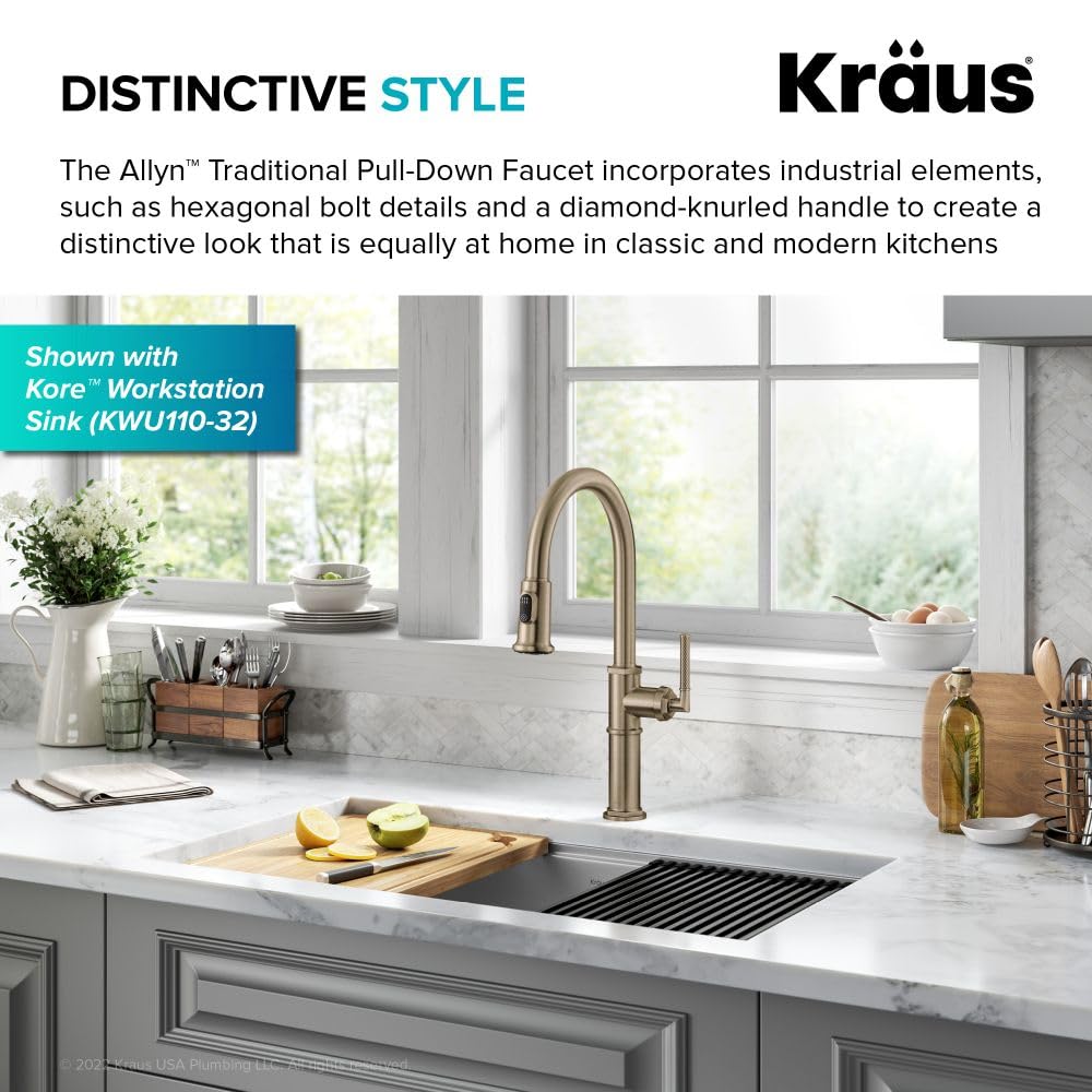 KRAUS Allyn Transitional Bridge Kitchen Faucet with Pull-Down Sprayhead in Brushed Gold, KPF-3121BG