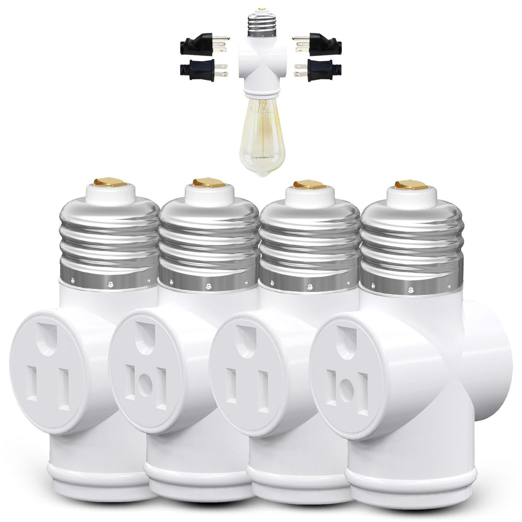Light Socket Adapter, Convert E26 Light Socket to 3-Prong Outlet Adapter and Light Bulb Socket, 1 Pack(White)