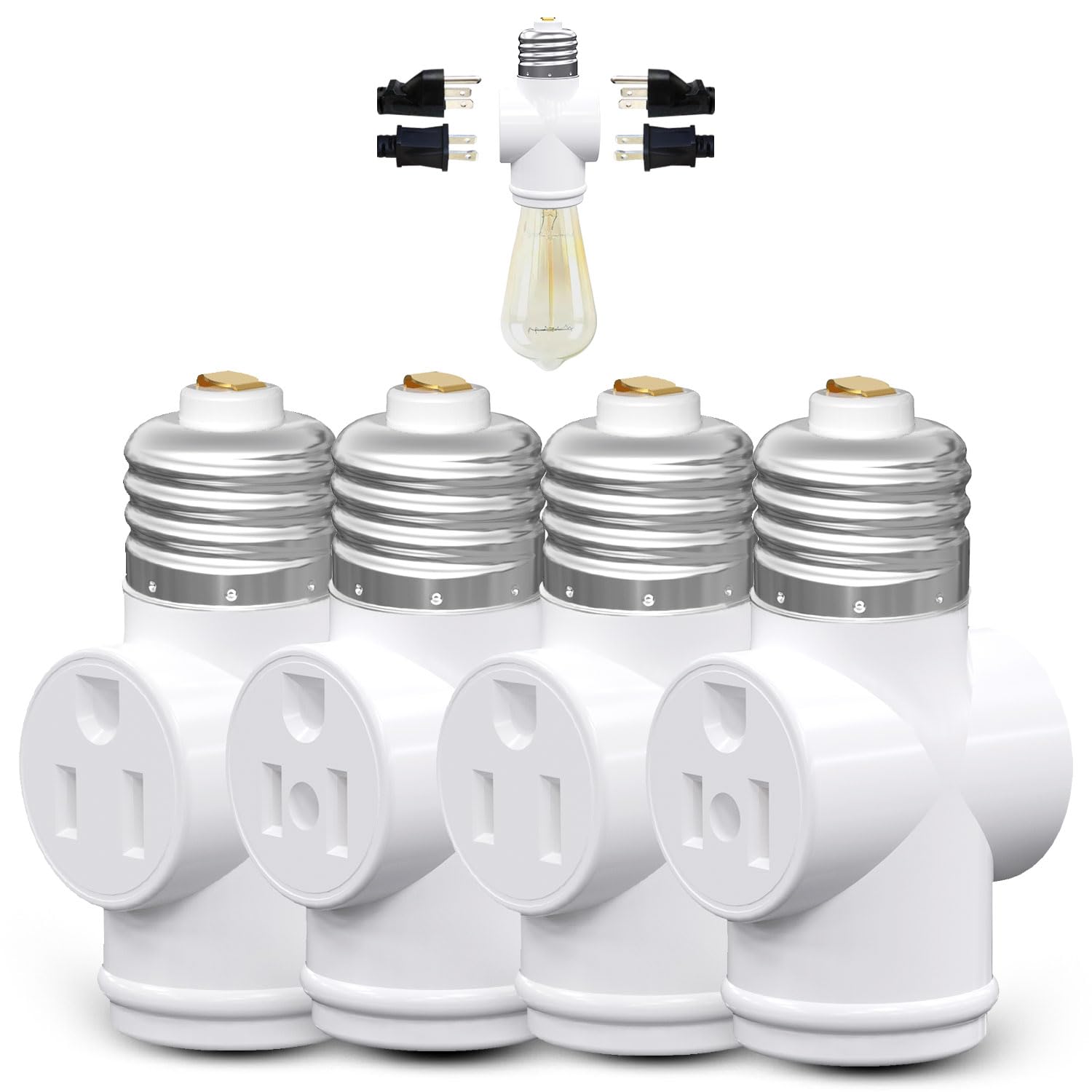 Light Socket Adapter, Convert E26 Light Socket to 3-Prong Outlet Adapter and Light Bulb Socket, 1 Pack(White)