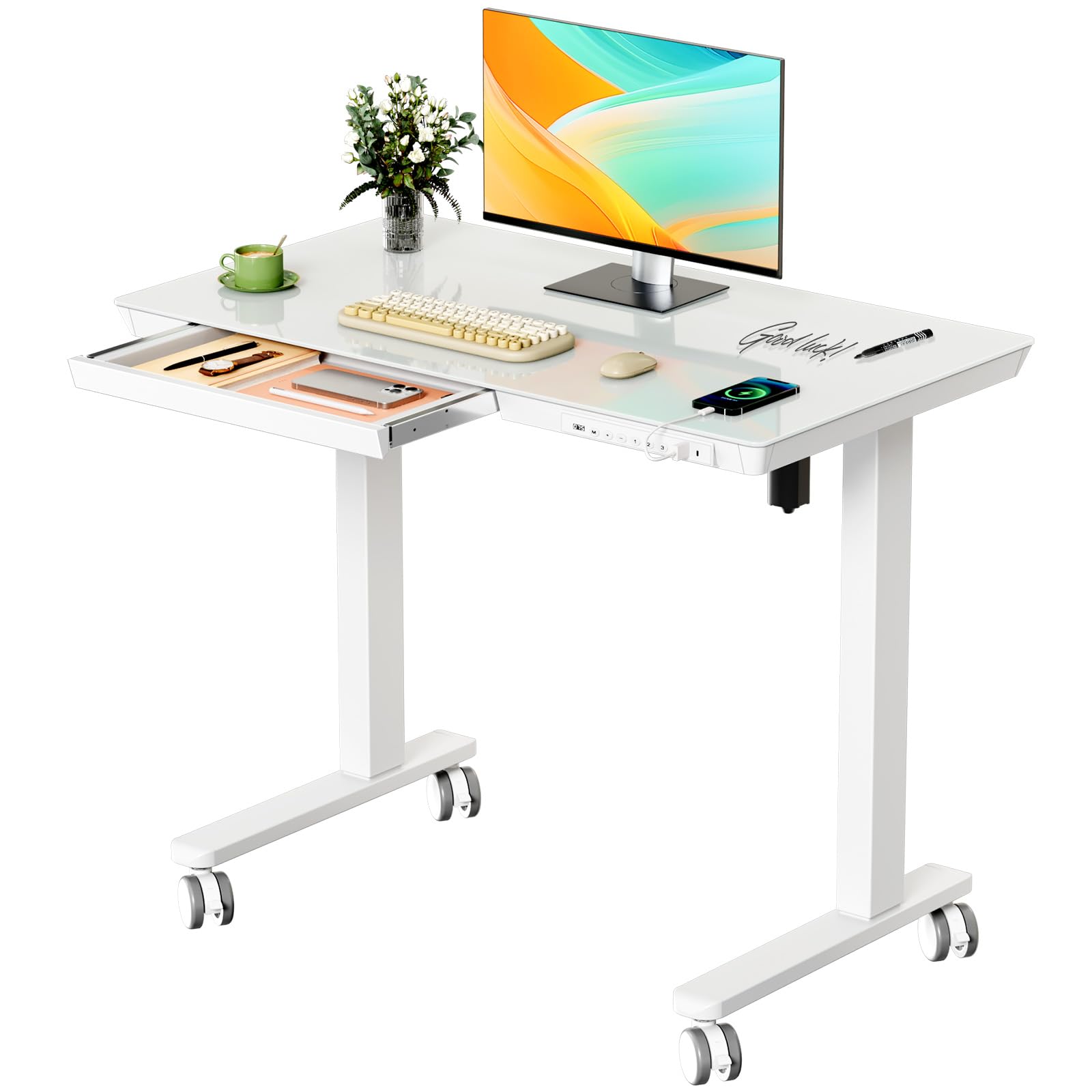 Glass Electric Standing Desk with Drawer, 35" x 20" Whole Piece Tabletop Samll Sit Stand Table, Height Adjustable Workstation with Storage & USB Ports, Quick Install Home Office Desk
