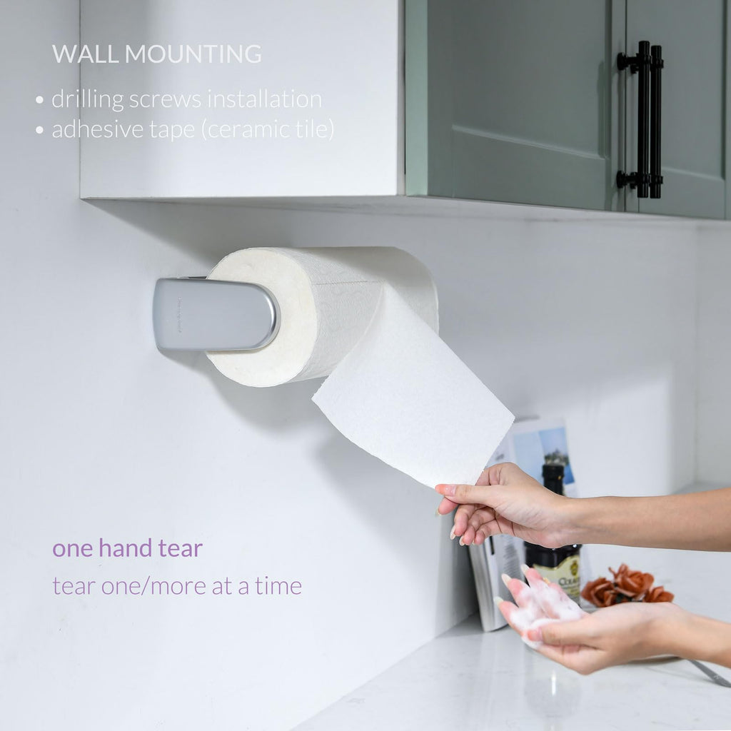 simpletome Paper Towel Holder ONE Hand Tear Adaptive Tension Arm Adjustable Length 9.4-11inch/24-28cm (Black) | adaptive adjustable tension arm | tear one/more sheets at one time | adhesive or drilling | abs plastic | easy to replace