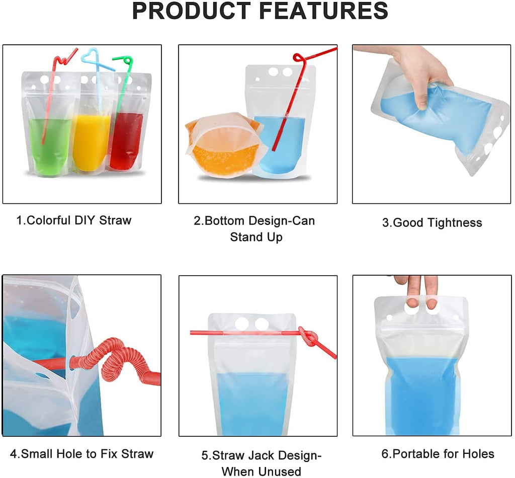 100 Pcs Drink Pouches with 100 Straw Holes, Freezable Juice Pouches, Translucent Reclosable Zipper Plastic Pouche Drink Bags for Cold & Hot Drinks for Adults and Kids World Cup Party