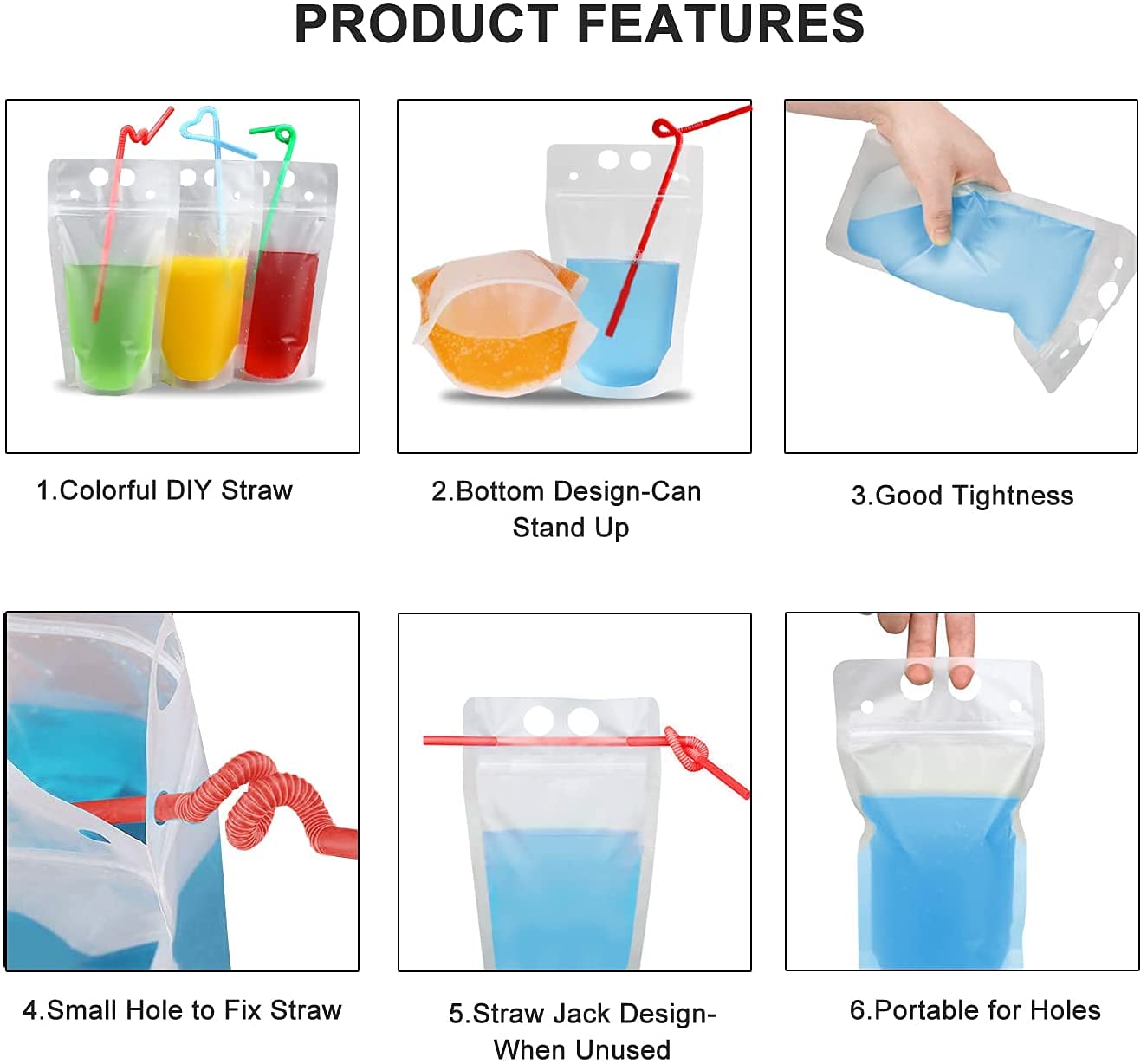 100 Pcs Drink Pouches with 100 Straw Holes, Freezable Juice Pouches, Translucent Reclosable Zipper Plastic Pouche Drink Bags for Cold & Hot Drinks for Adults and Kids World Cup Party