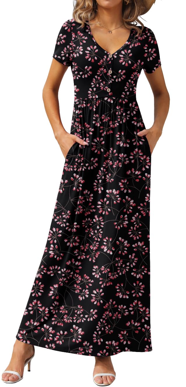 GRECERELLE Womens Summer Long Maxi Dresses 2026 Short Sleeve V Neck Casual Button Dress with Pockets