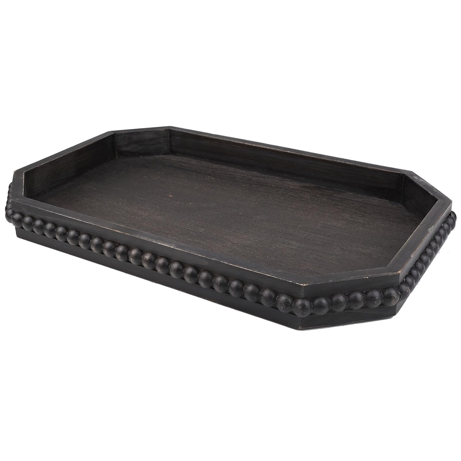 Hrastany Wood Rustic Serving Tray with Beads, Farmhouse Black Decorative Tray for Table Centerpiece, Christmas Wedding Halloween Home Decor
