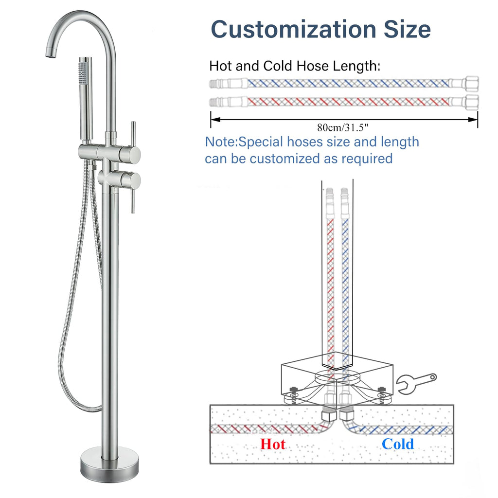 Brushed Gold Freestanding Bathtub Faucet with Hand Shower Tub Filler Faucet Floor Mounted High Flow Single Handle Bath Filler Solid Brass