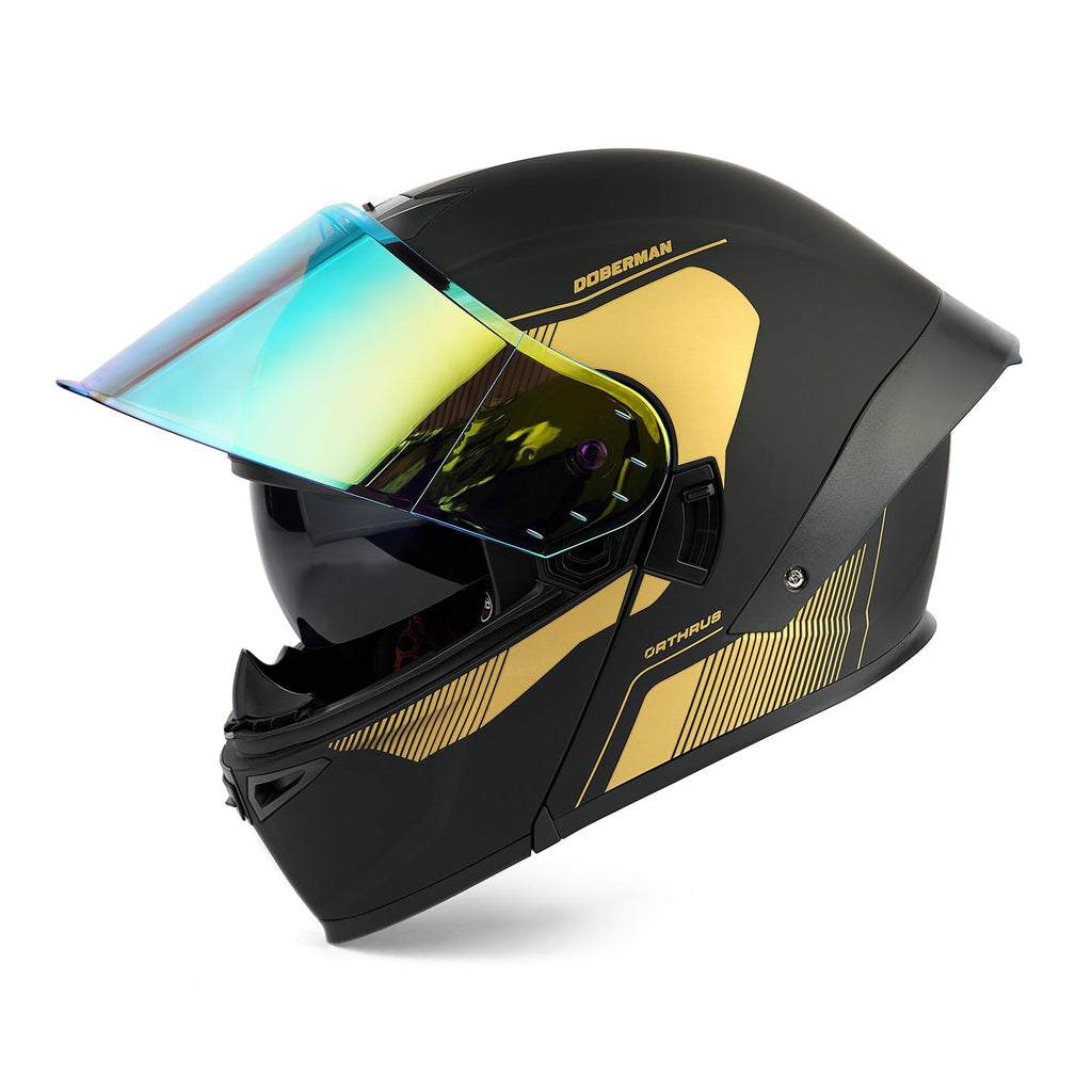 Orthrus Modular LED Full Face Motorcycle Helmet - DOT Approved Flip-Up Dual Visor Sun Shield & Bluetooth Ready for Adults Men Women - Street Bike/Motocross (Dobermann Gold, S)