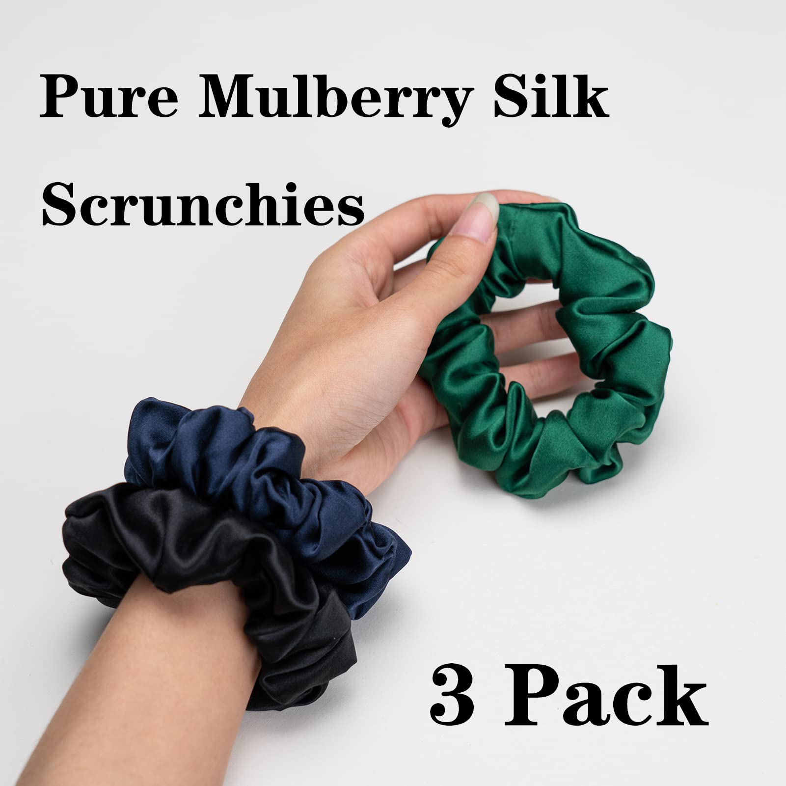 Silk Scrunchies for Hair 100% Mulberry Silk Hair Ties（Silver gray, Dark gray, Pink）