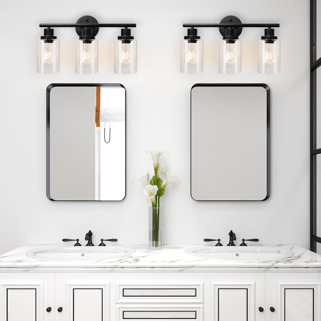 Unicozin 2 Pack Modern Bathroom Light Fixtures, 3 Light Vanity Lights, Black Wall Lamp with Clear Glass for Bathroom, Mirror, Living Room, Bedroom, Hallway, E26 Base