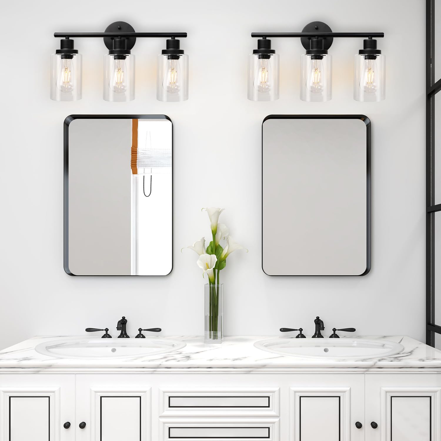 Unicozin 2 Pack Modern Bathroom Light Fixtures, 3 Light Vanity Lights, Black Wall Lamp with Clear Glass for Bathroom, Mirror, Living Room, Bedroom, Hallway, E26 Base