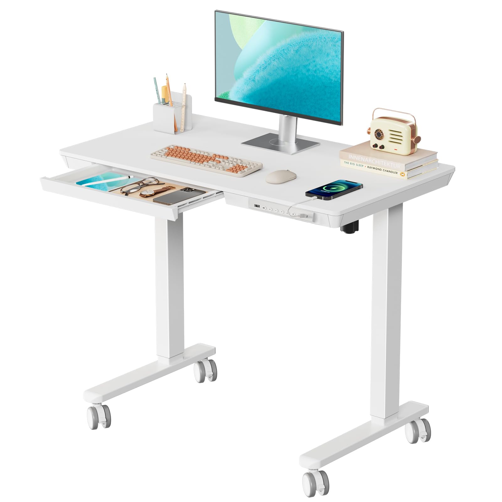 Glass Electric Standing Desk with Drawer, 35" x 20" Whole Piece Tabletop Samll Sit Stand Table, Height Adjustable Workstation with Storage & USB Ports, Quick Install Home Office Desk