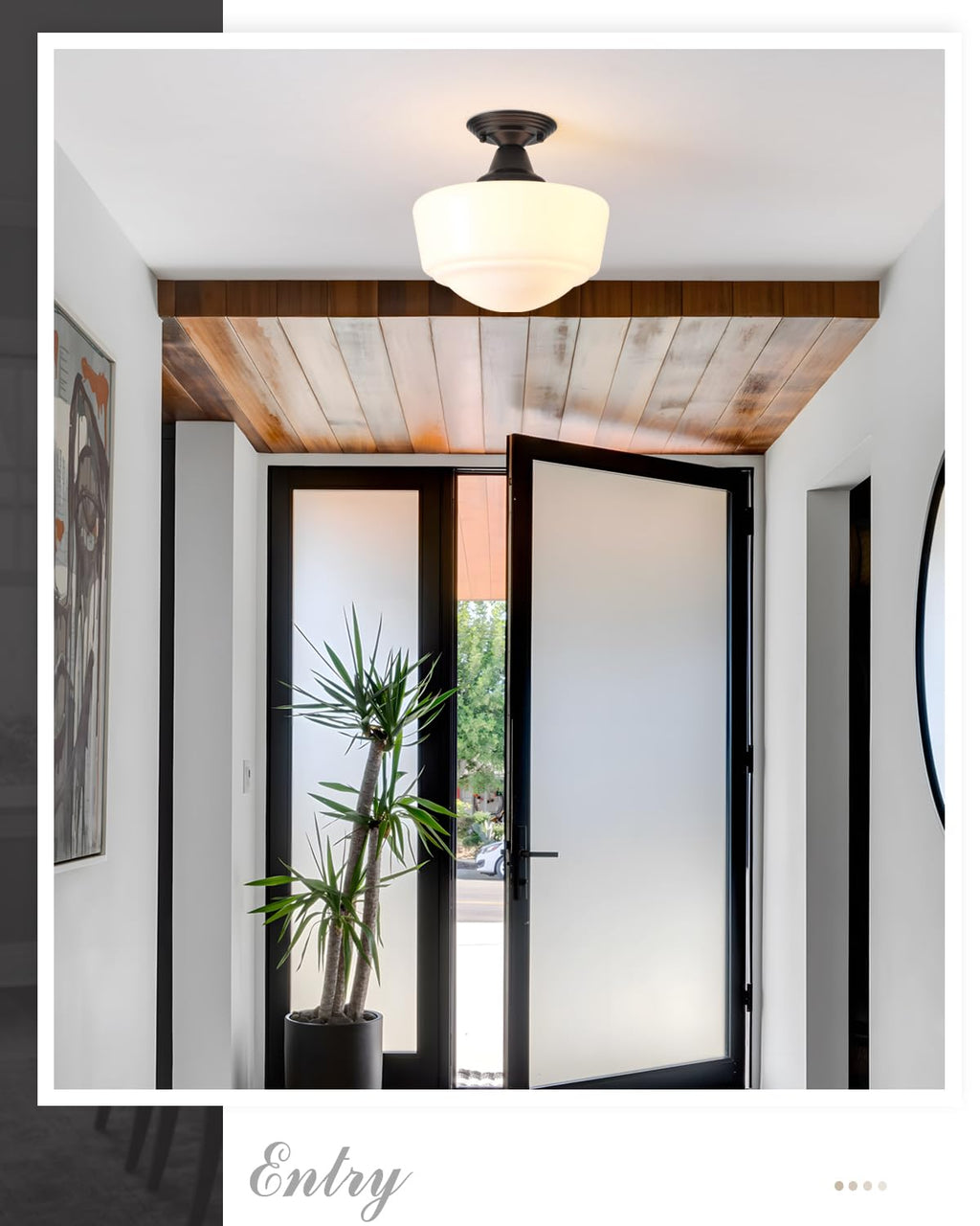 Schoolhouse Light Fixture, 12 Inch Black Finish with Milk Glass Semi Flush Mount Ceiling Light, Ceiling Light Fixture for Kitchen Hallway Entryway (Type C Pendant Light)
