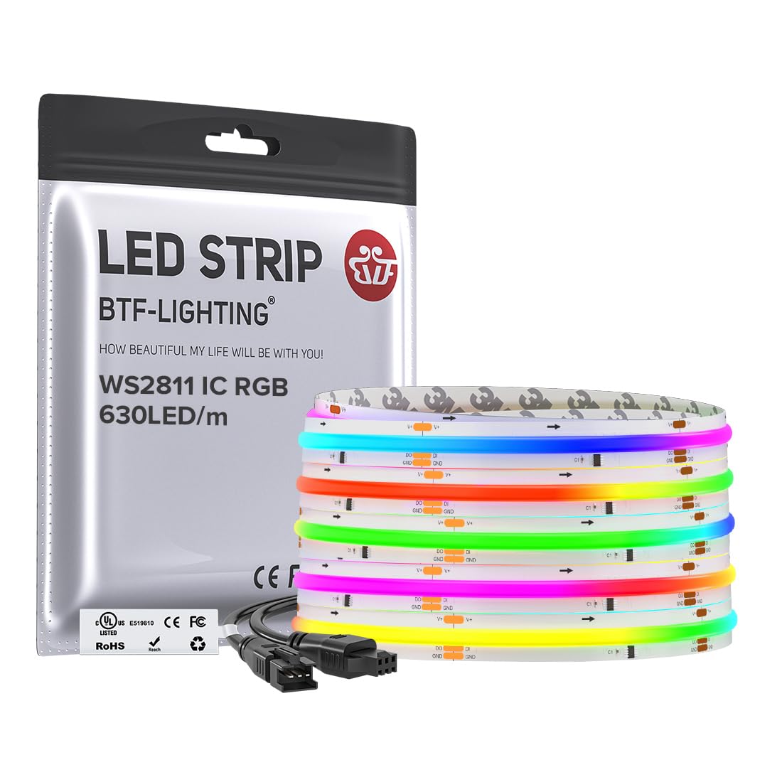 BTF-LIGHTING WS2811 Smart IC RGB FCOB COB LED Strip, UL Listed 630LEDs/m High Density Color Chasing Uniform Light, DC12V 12FT 10mm Width Tape Light for Home Party DIY Decor(No Adapter or Controller)