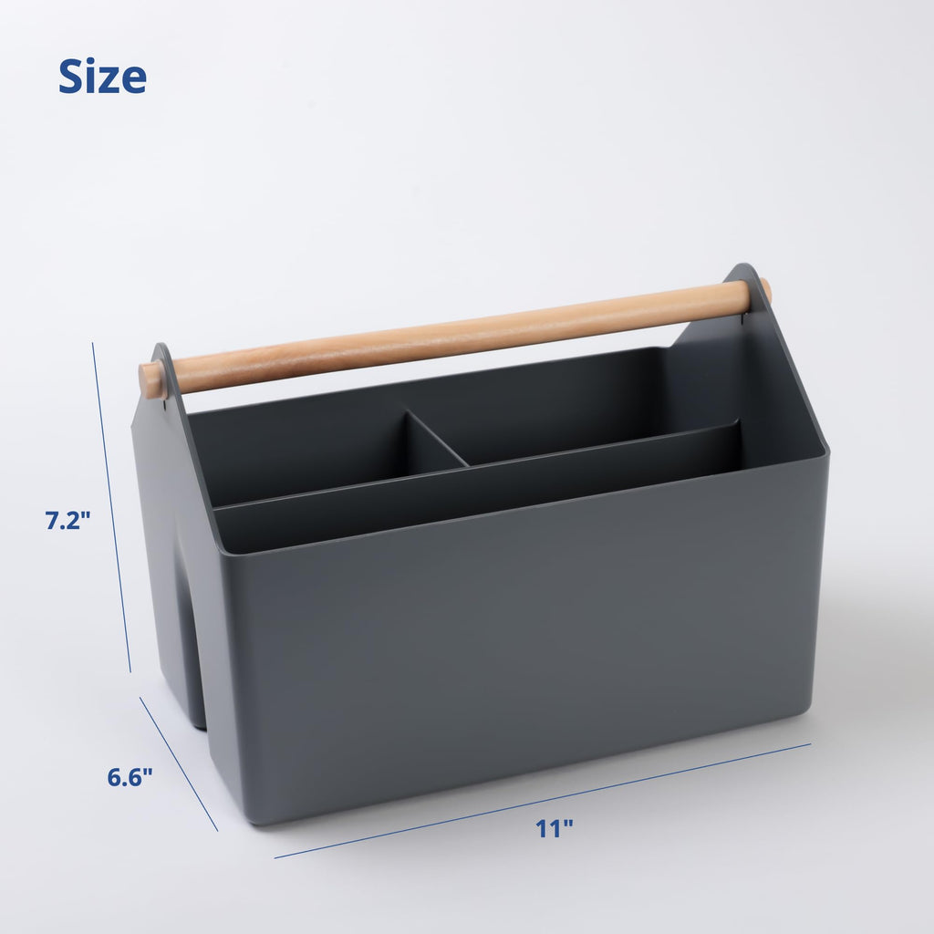 BLUE GINKGO Medium Storage Basket – Plastic Caddy with Wooden Handle for Office, Arts & Crafts, or Home Supplies (Green)