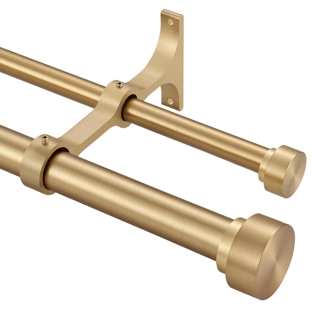 Heavy Duty Double Curtain Rods with Cylindrical Cap Finials - 36 to 72' Telescoping Rods, 1 Inch and 5/8 Inch Diameter, Light Gold
