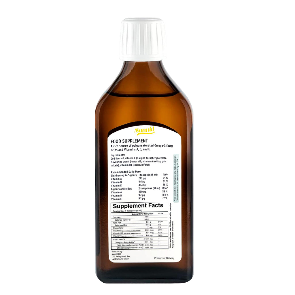 Sanniti 100% Natural Cod Liver Oil, 1081 mg Total Omega-3 Fatty Acids, Wild Caught Nordic, 250 mL (8.4 oz) (Lemon)