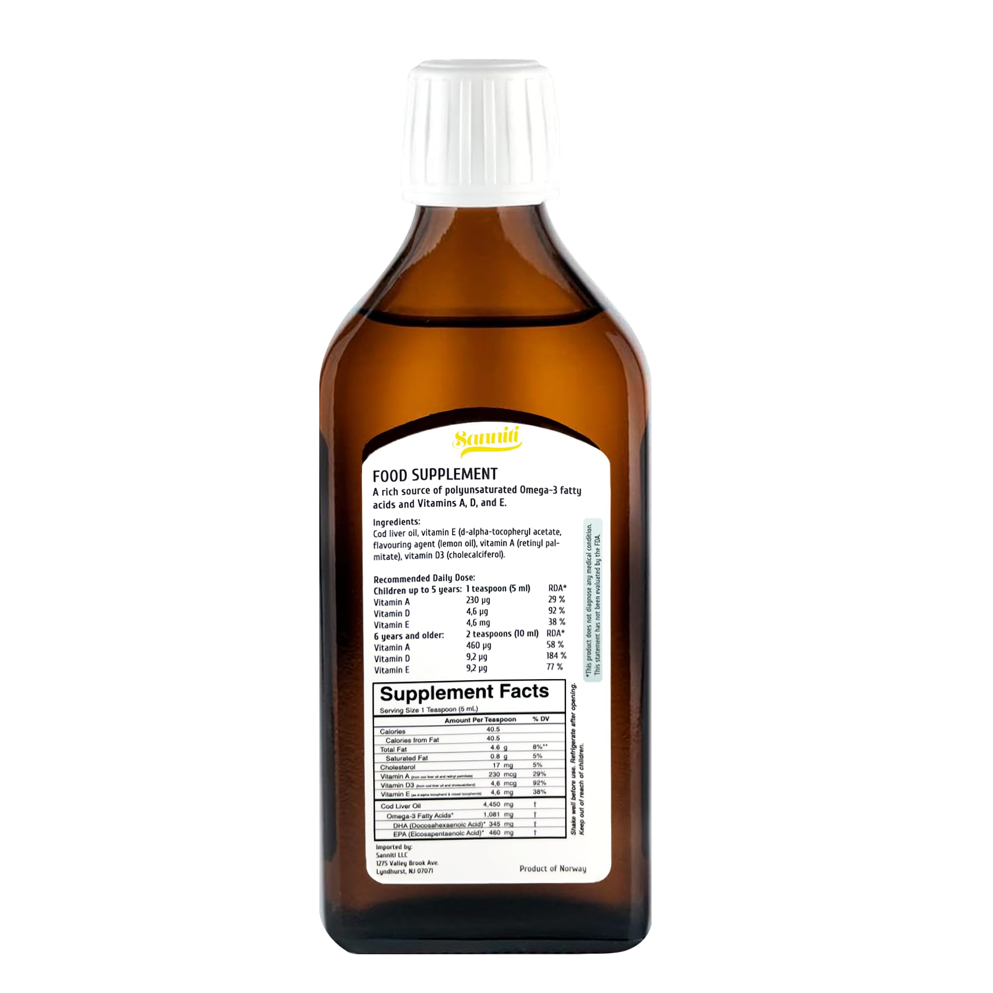 Sanniti 100% Natural Cod Liver Oil, 1081 mg Total Omega-3 Fatty Acids, Wild Caught Nordic, 250 mL (8.4 oz) (Lemon)