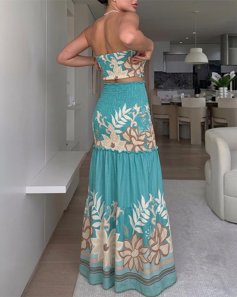 CHICME Floral Printed Vacation Dress Halter Tie Ruched Shirred Bandeau Party Dress Slim Ruffle Hem Wedding Guest Dress