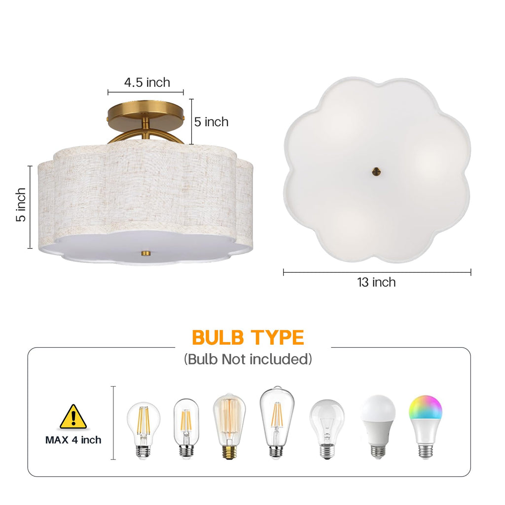 CALOKES Semi Flush Mount Ceiling Light, 11.8" Modern 3-Light Fixture with Petal-Shaped Cream White Fabric Shade and Golden Support Arm, Ideal for Bedroom, Kitchen, Living Room, Hallway, and Entryway