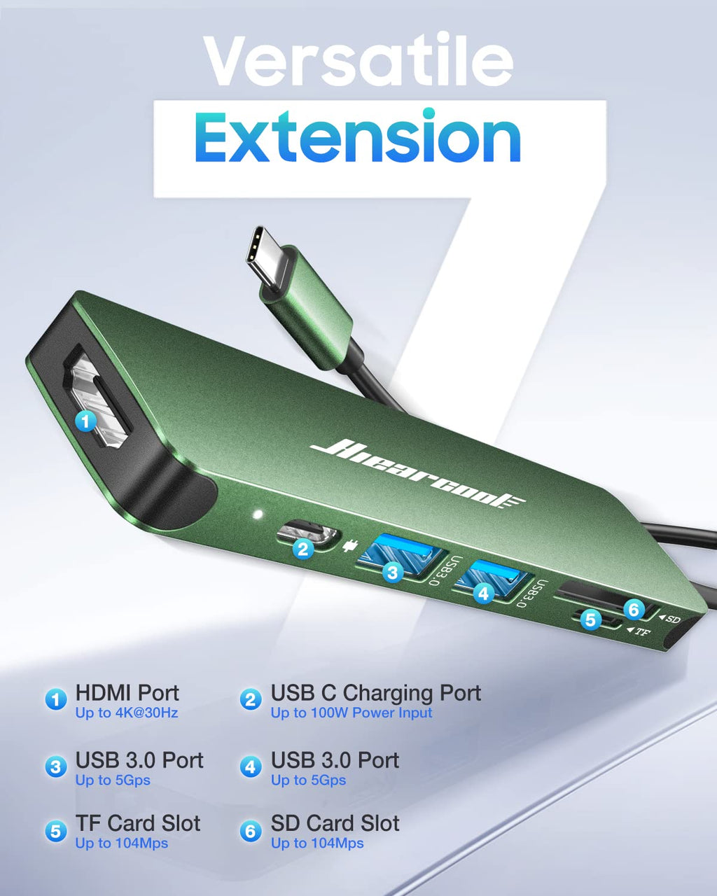 Hiearcool USB C Hub Multi-Port Adapter, 7-in-1 USB-C Dongle with 4K HDMI 100W PD SD/TF Card Reader, USBC Dock Compatible for MacBook Pro/Air Dell XPS Lenovo HP and Other Windows Laptops-Sliver White