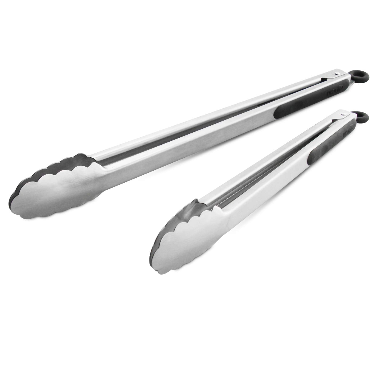 304 Stainless Steel Kitchen Cooking Tongs, 9" and 12" Set of 2 Sturdy Grilling Barbeque Brushed Locking Food Tongs with Ergonomic Grip, Black