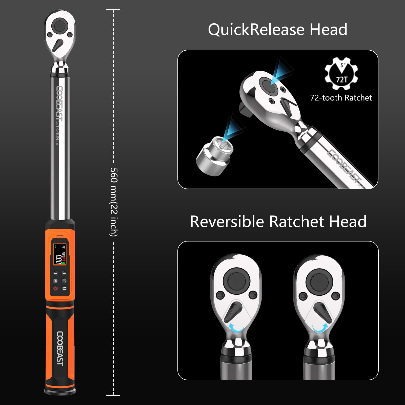 Digital Torque Wrench, 1/2 Drive Electronic Torque Screwdriver with Preset Value(3.76-250.8 Ft.lbs./5.1-340Nm), Buzzer and LED Flash Five Units of Measure Torque Wrench for Motorcycle, Auto Repair