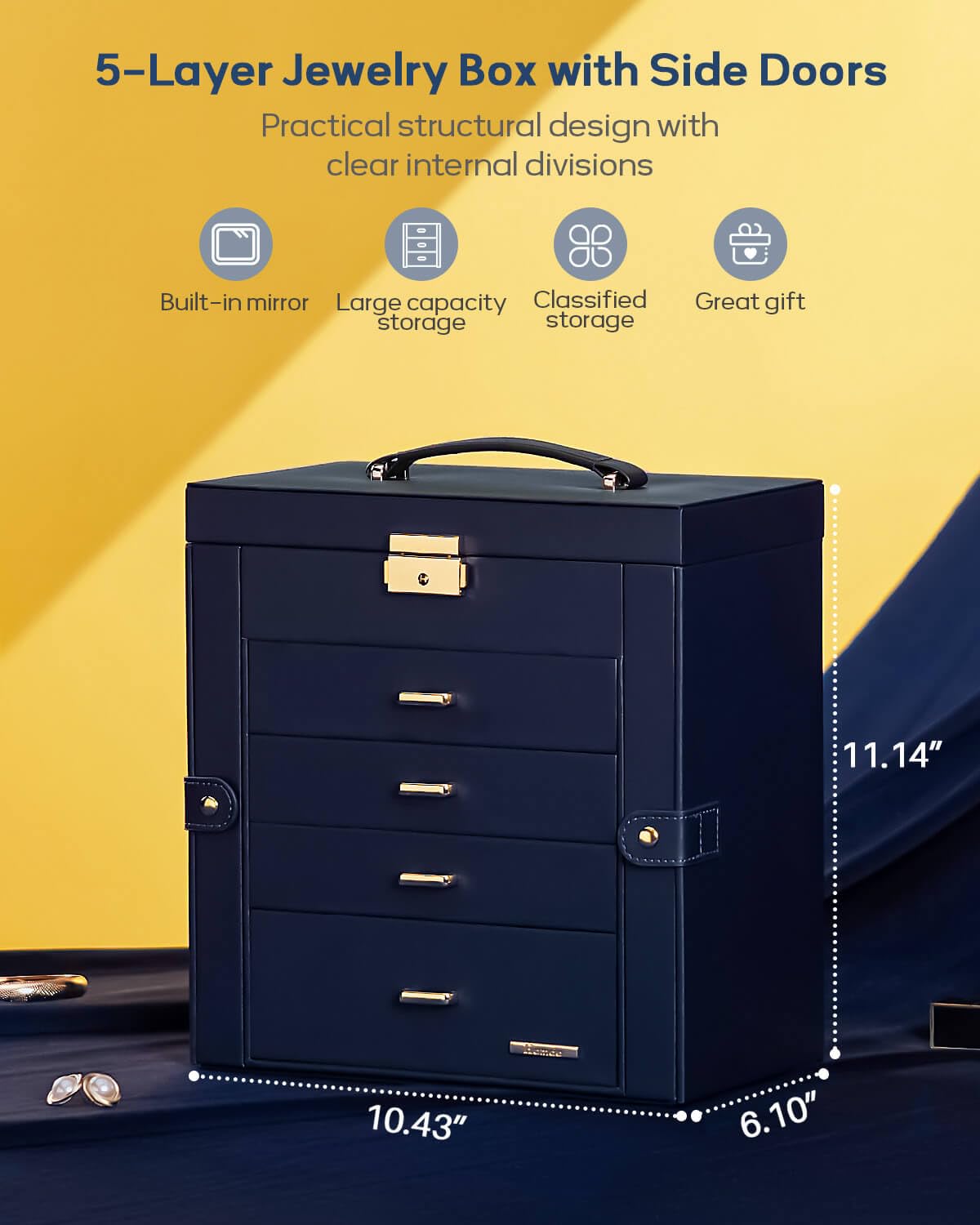 Homde Mothers Day Gifts Synthetic Leather Huge Jewelry Box Mirrored Watch Organizer Necklace Ring Earring Storage Lockable Gift Case (Black + Gold)