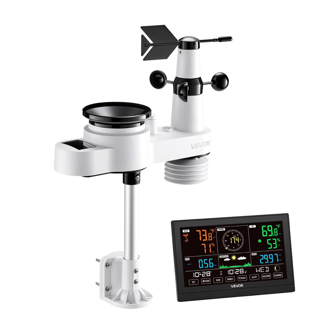 VEVOR 5-in-1 Wireless Weather Station, 7.5-Inch VA Display, Solar Powered Outdoor Sensor, Rain Gauge, Indoor Outdoor for Weather Forecast, Temperature, Humidity, Wind Speed and Direction (No WiFi)