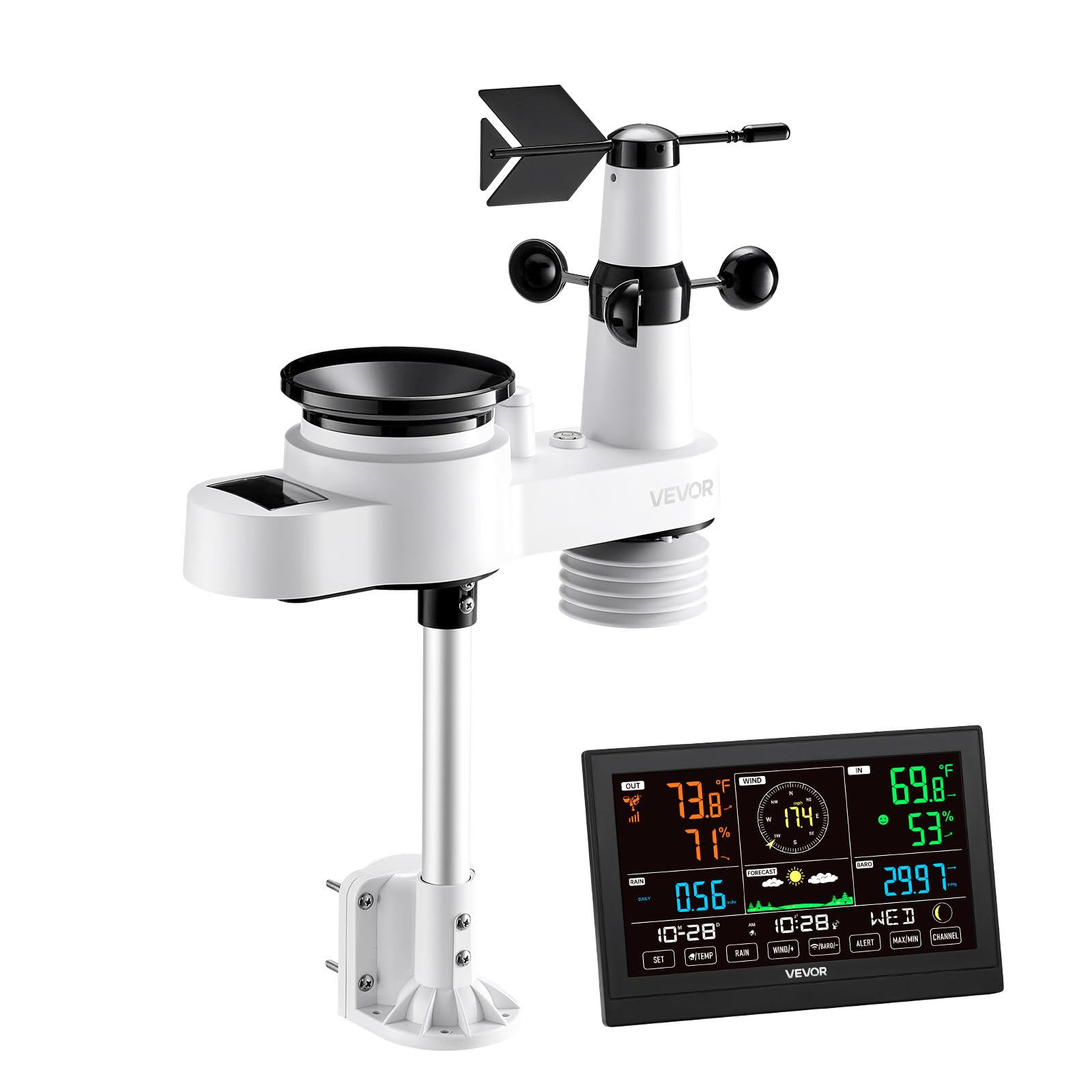 VEVOR 5-in-1 Wireless Weather Station, 7.5-Inch VA Display, Solar Powered Outdoor Sensor, Rain Gauge, Indoor Outdoor for Weather Forecast, Temperature, Humidity, Wind Speed and Direction (No WiFi)
