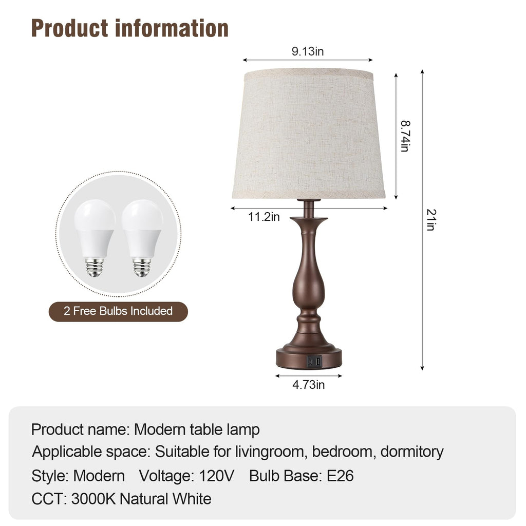 Bedside Table Lamp Touch Control Bedroom Lamps with USB A and C Charging Port 3 Way Dimmable Touch Lamps for Nightstand Living Room Bedroom Dorm Home Office Reading, Set of 2