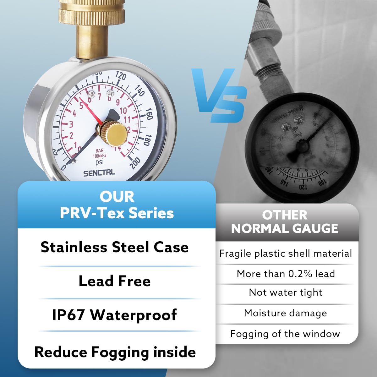 SENCTRL 0-100 psi Water Pressure Gauge Test with Lazy Hand, Lead-Free, 2-1/2" Dial Size, 3/4" Female Garden Hose Thread, IP67 Waterproof, Stainless Steel Case, for Home Potable Water, House Tube